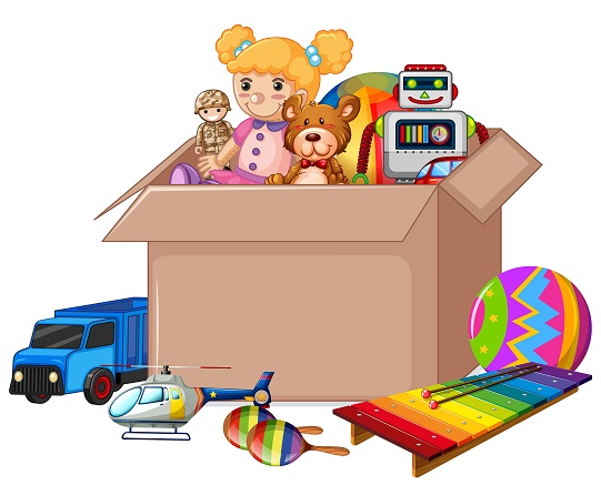 Cardboard box full of toys on white background
